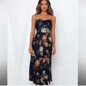 Hello Molly Blue Floral Midi Cowl Neck Satin Dress